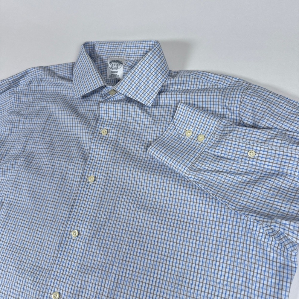 Brooks Brothers Shirt Mens 16.5 36 Blue Check Regent Non Iron Preppy Button Up